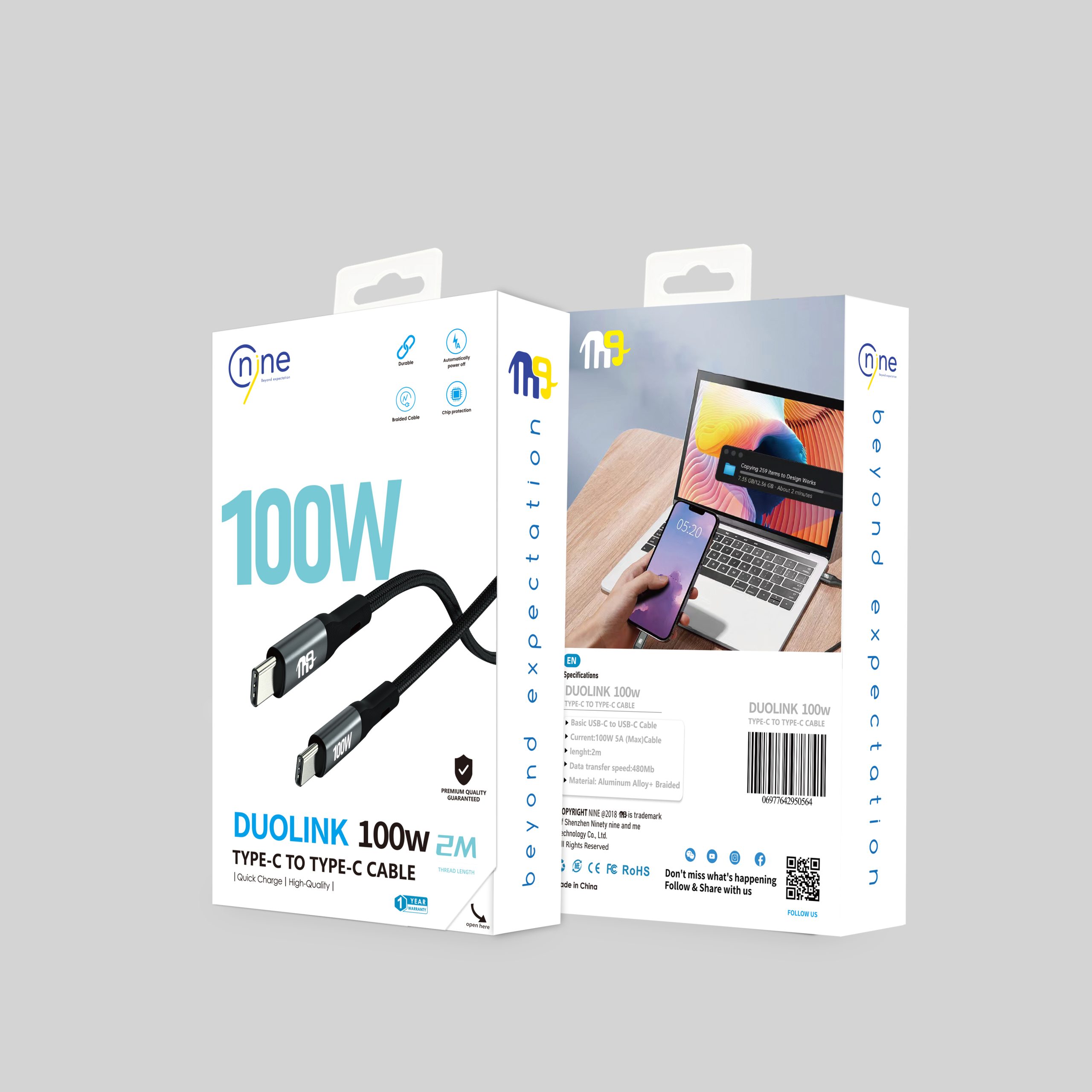 NINE CABLE DUOLINK  100W  TYPE C  TO TYPE C  (2METERS)