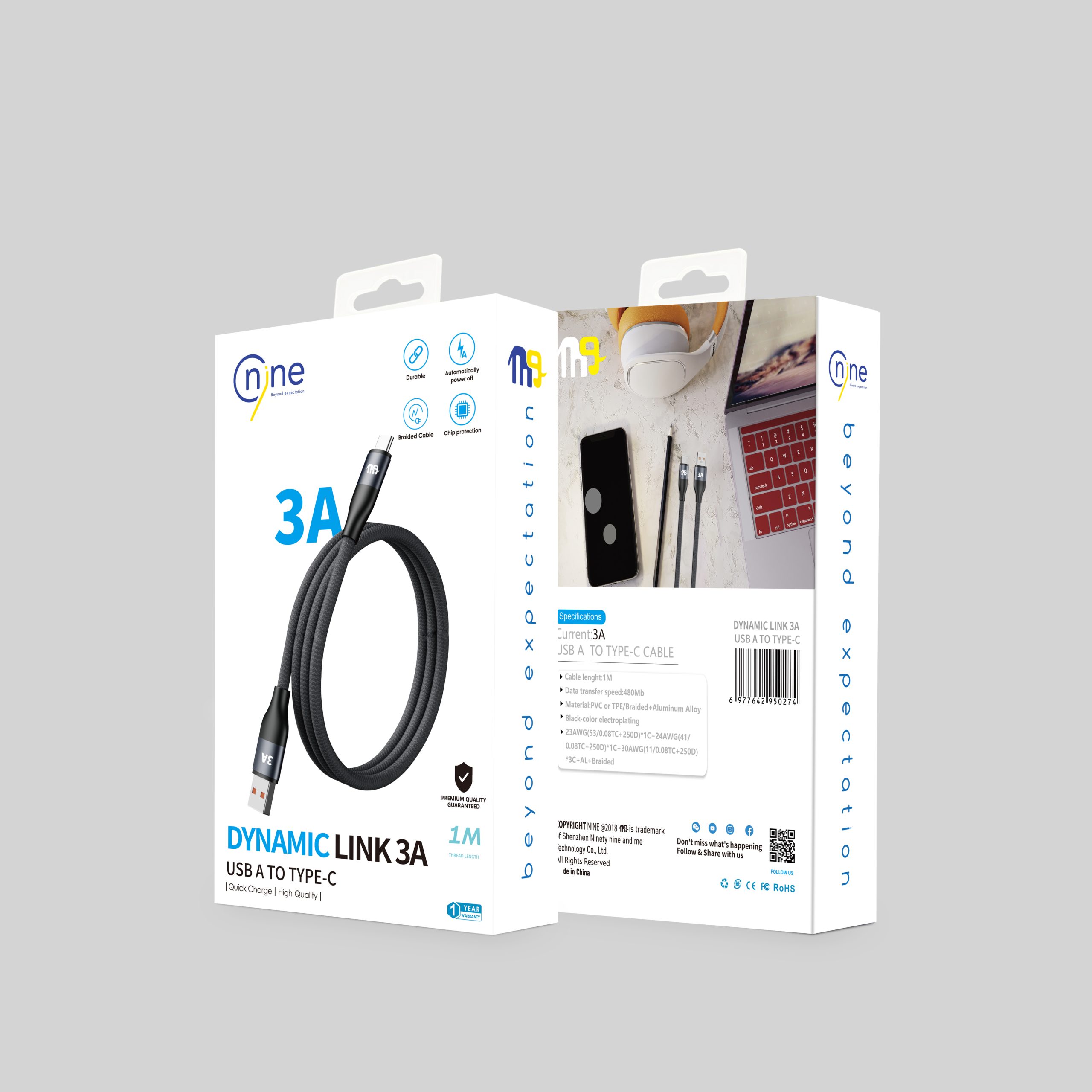 NINE CABLE  DYNAMIC LINK  3A  USB A TO TYPE C