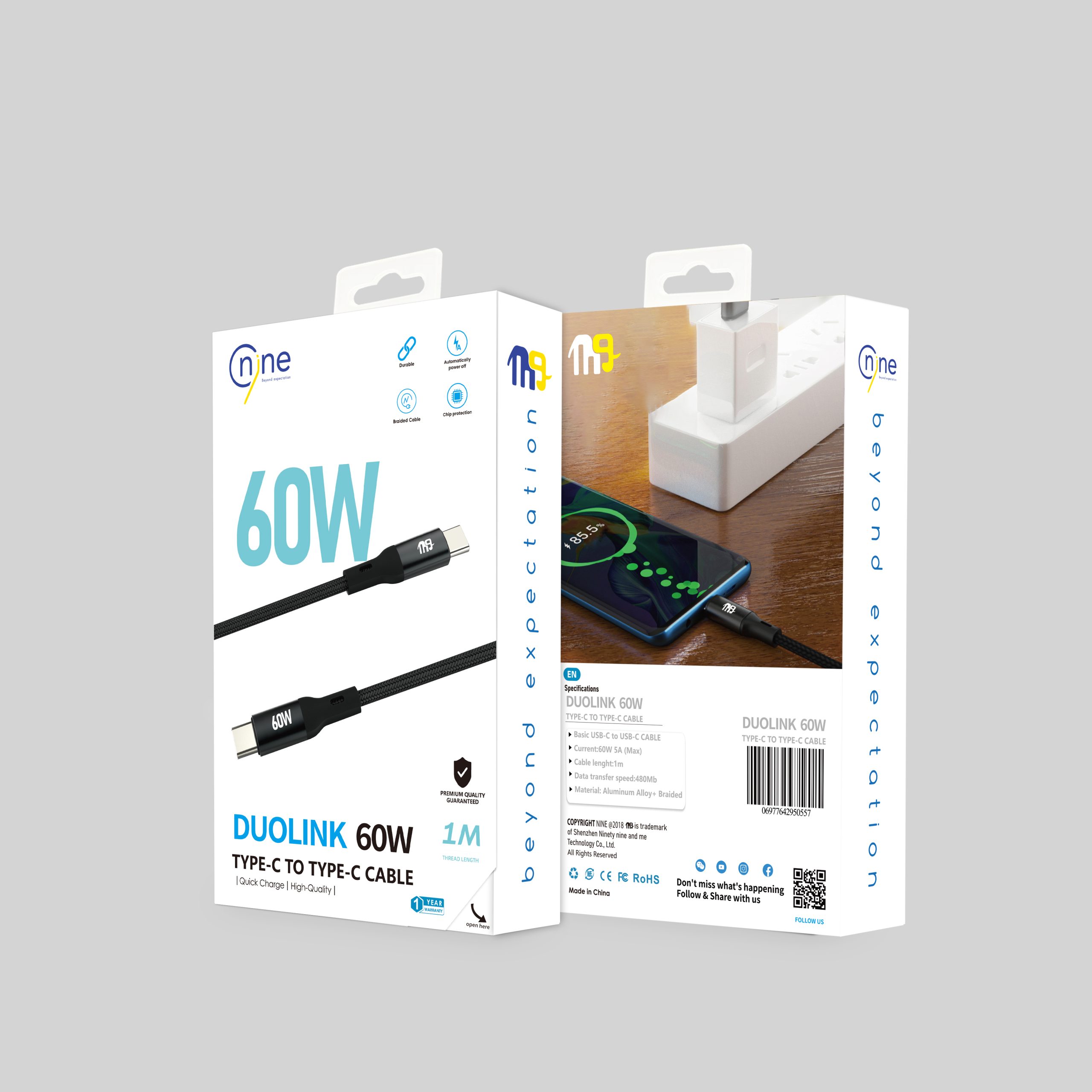 NINE CABLE DUOLINK  60W  TYPE C  TO TYPE C