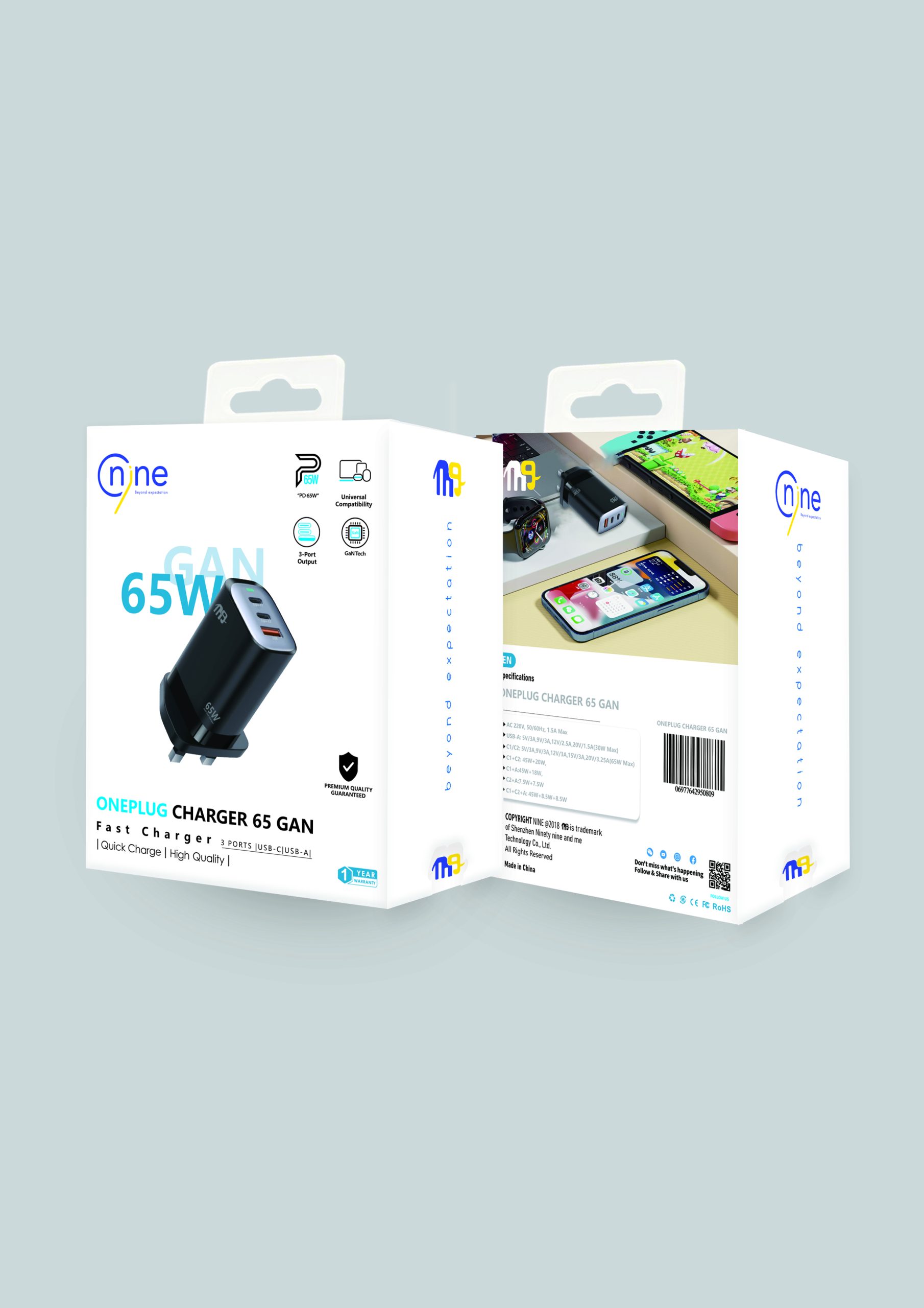 NINE USB WALL CHARGER  ONE PLUG TWO PORT  ( PD- USBA ) 65 W UK