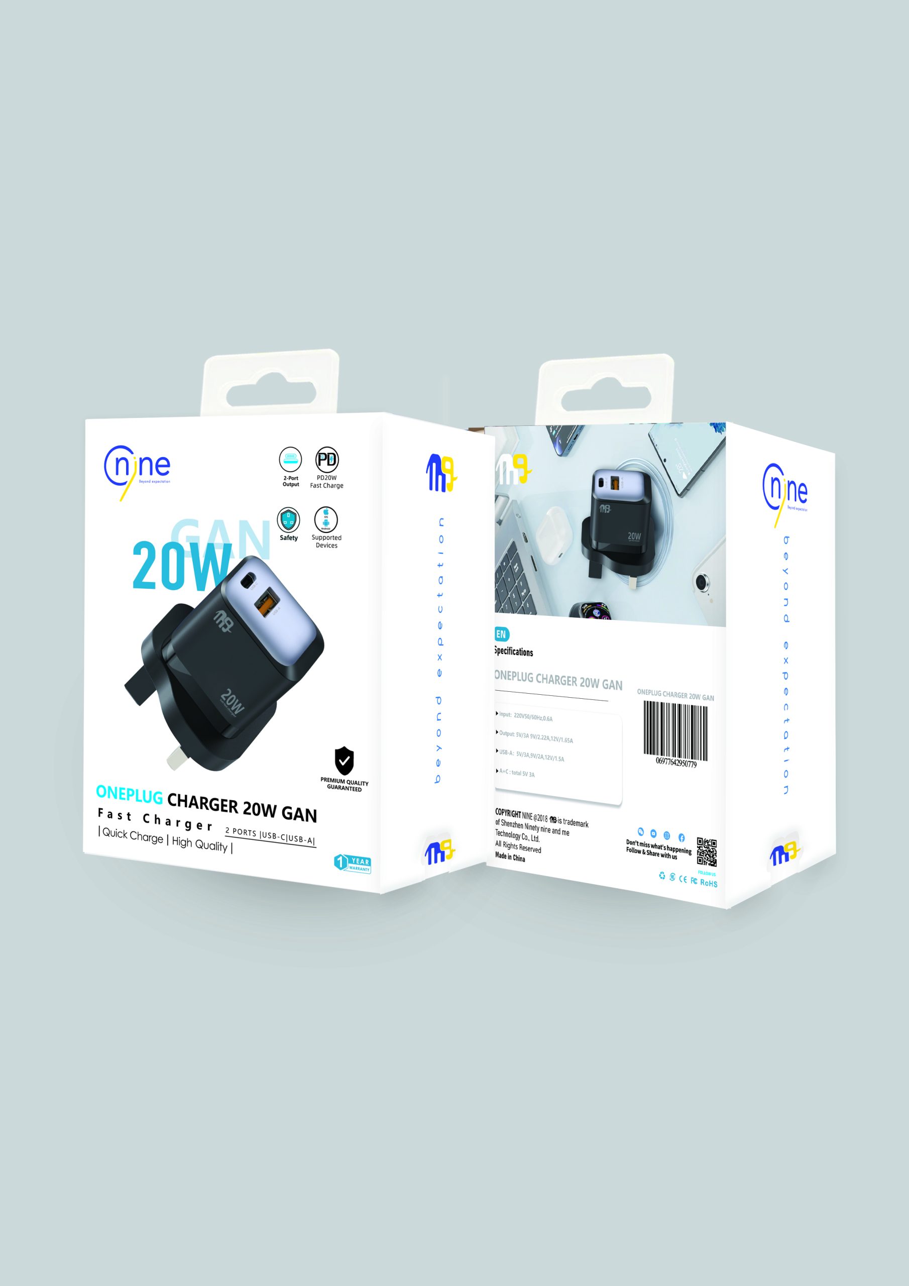 NINE USB WALL CHARGER   ONE PLUG TWO PORT   ( PD- USBA ) 20 W UK