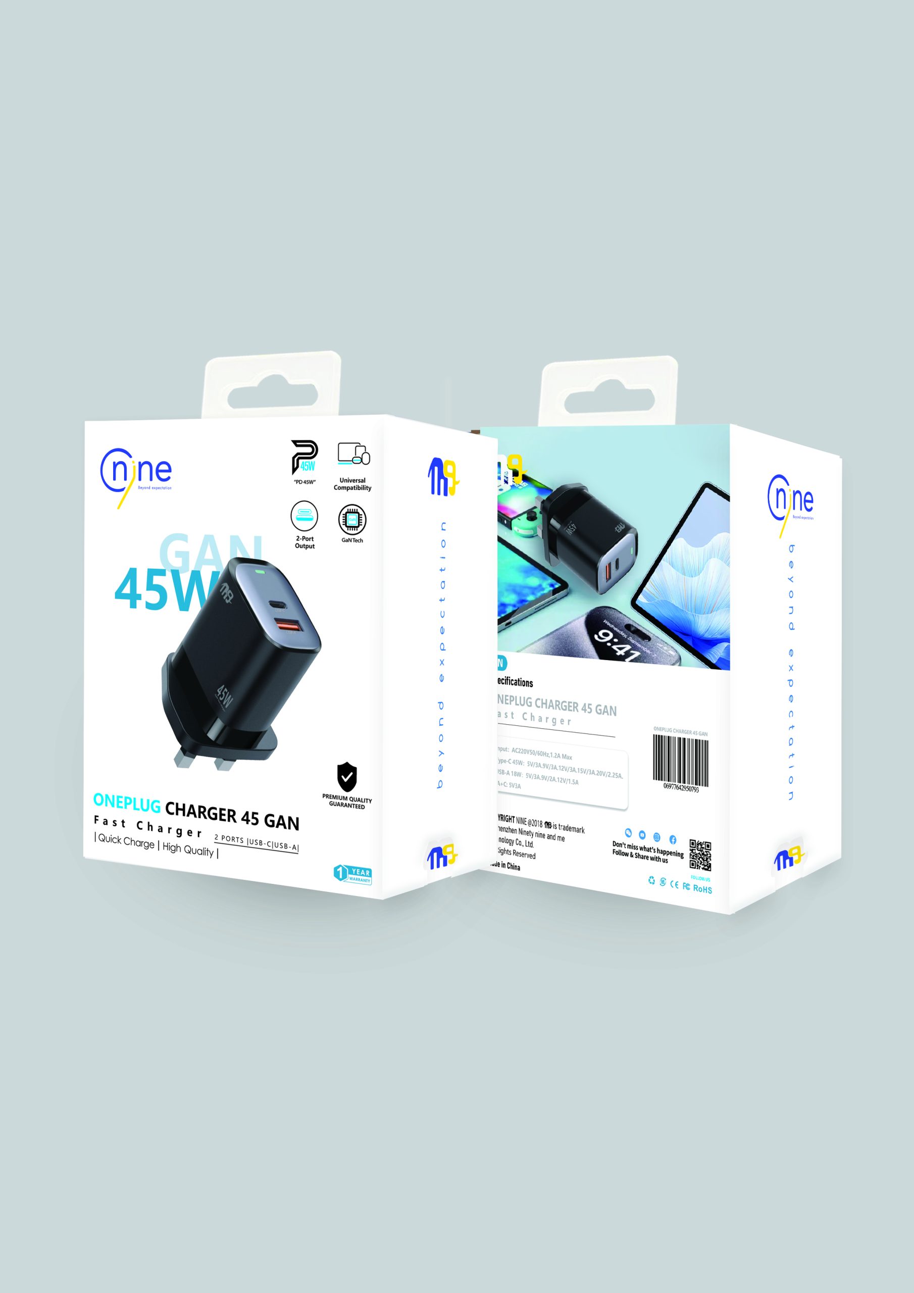 NINE USB WALL CHARGER  ONE PLUG TWO PORT  ( PD- USBA ) 45 W UK