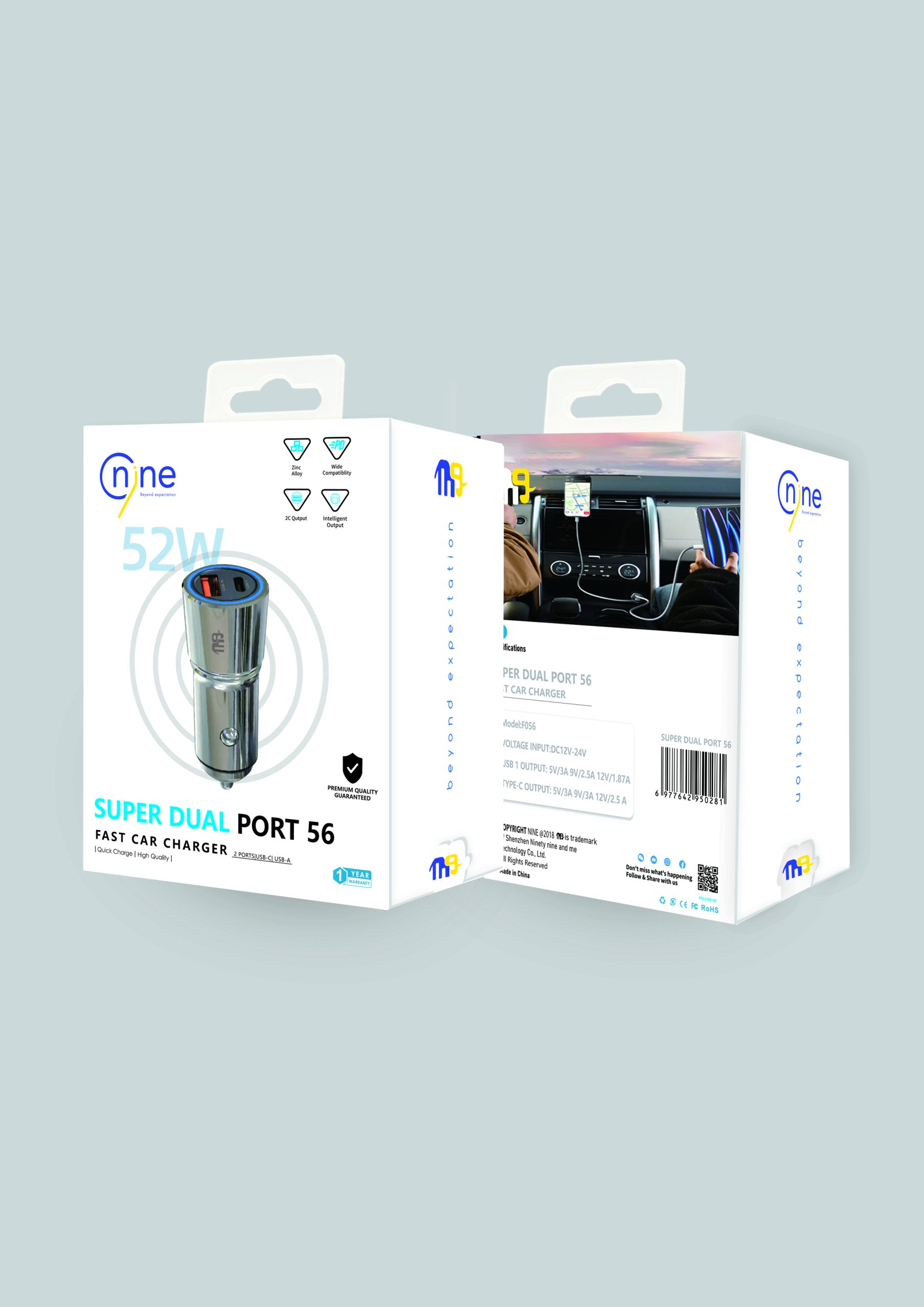 NINE CAR CHARGER SUPER DUAL PORT 56   TWO PORT  (PD-USB A) 52W